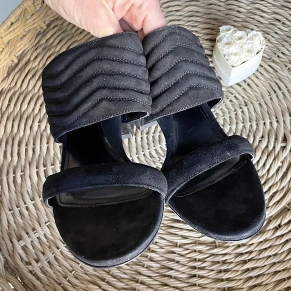 New Marion Parke BLACK Quilted Suede Leather Slide Sandals - Picture 10 of 15